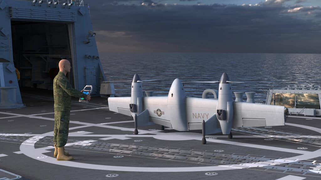 Graphical rendering of a Sikorsky rotor blown wing VTOL UAS ready for launch from a ship’s deck.